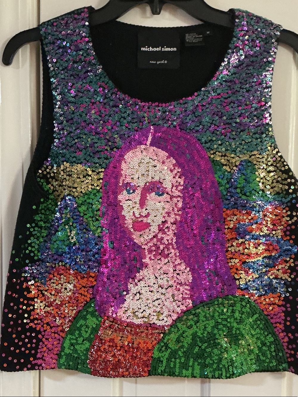 Michael Simon Sequin Tank Top with Purple & Green Mona Lisa Motif